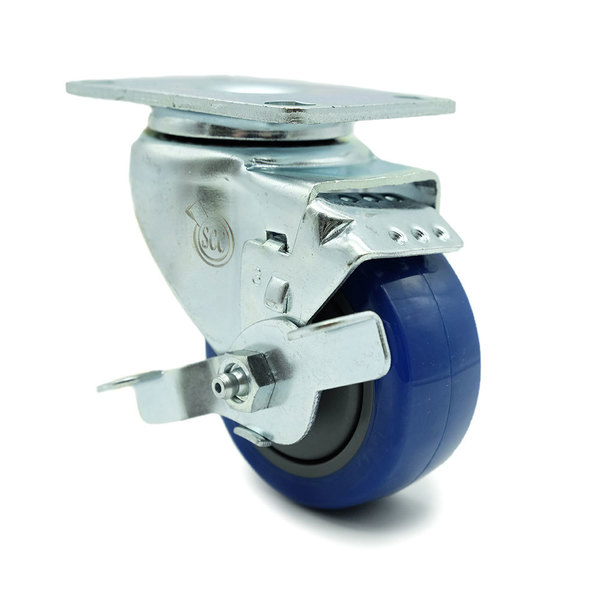 Service Caster 3 Inch Blue Polyurethane Wheel Swivel Top Plate Caster with Brake SCC-20S314-PPUB-BLUE-TLB-TP2